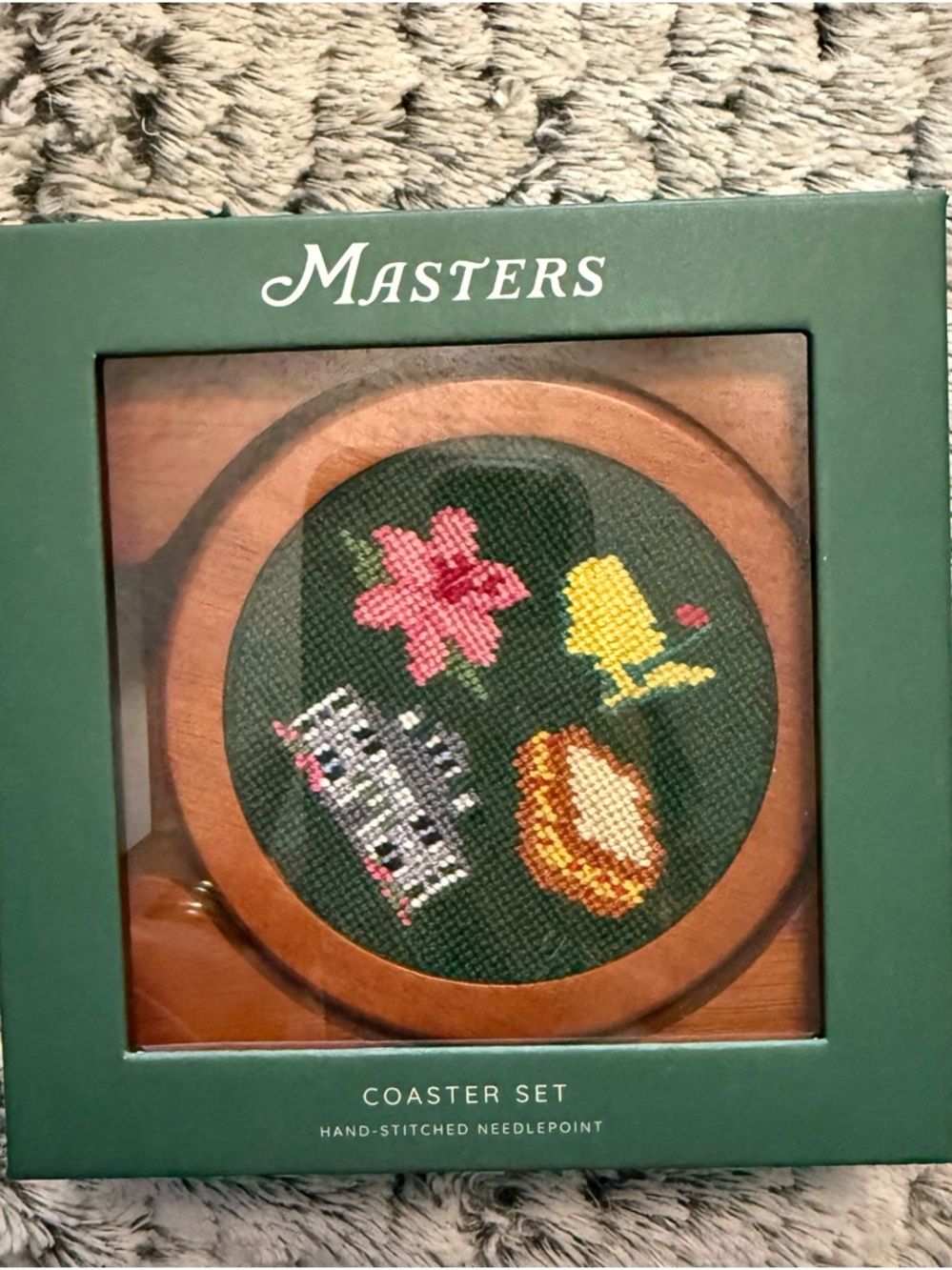Masters Needlepoint Coaster Set - Green with Pink, Yellow & Brown Motifs